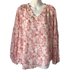 Womens Pink White Boho Blouse Small Long Balloon Sleeve Coquette Princess V Neck